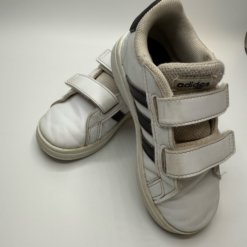 Kids Adidas White and Black Velcro Sneakers